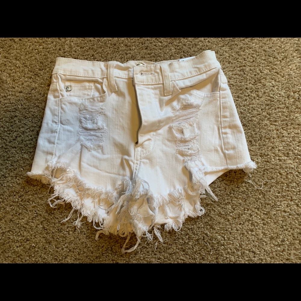 White High-Waisted Distressed Express Shorts